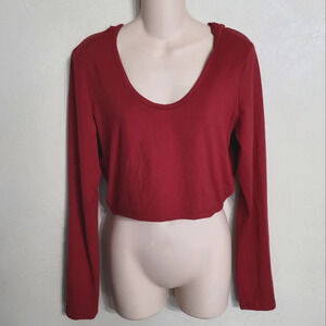 Revamped Maroon Cropped Hooded Long Sleeve Shirt Top Size Women's Large
